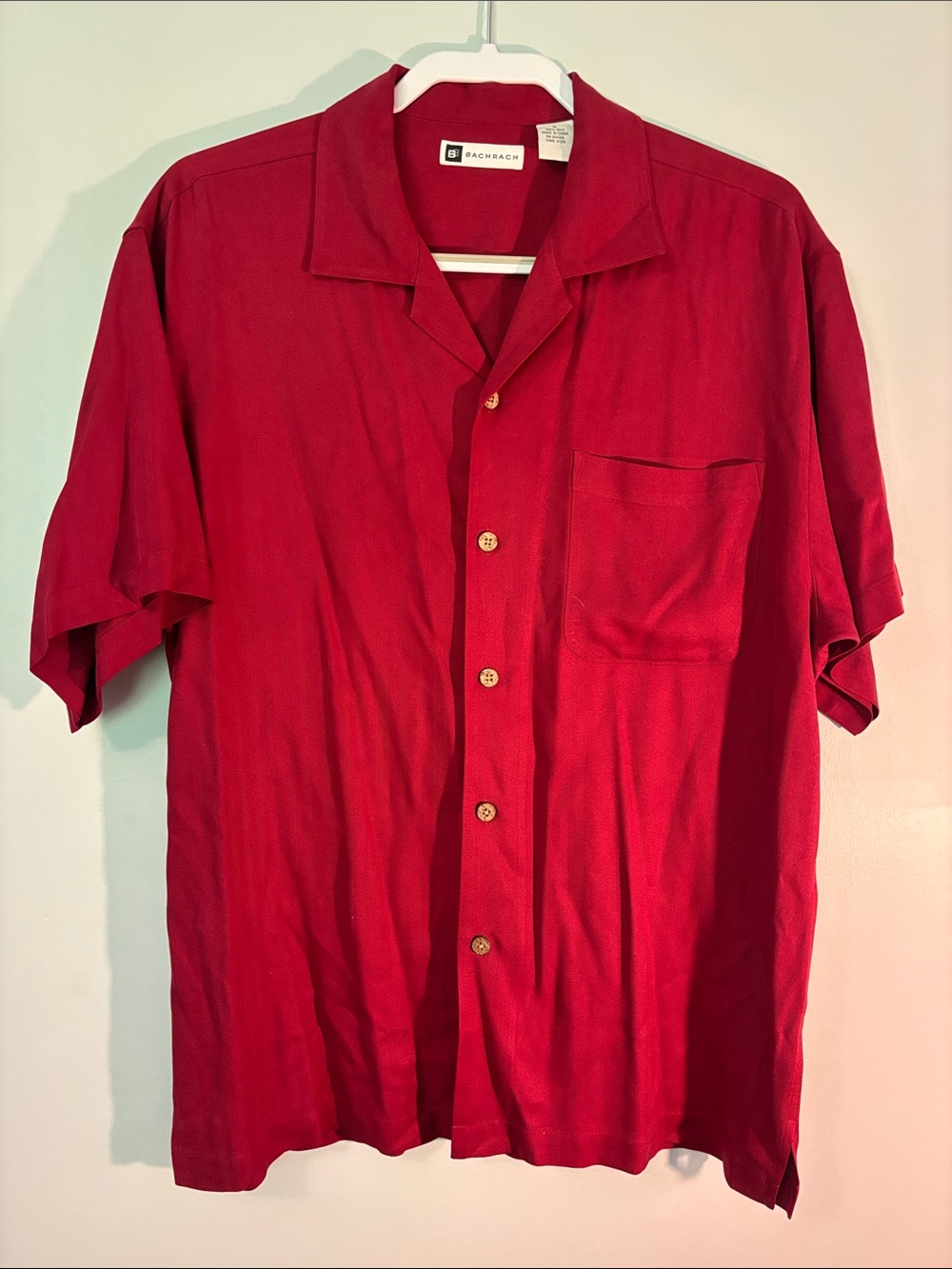 Bachrach Red Short-Sleeve 100% Silk Button-Down Shirt